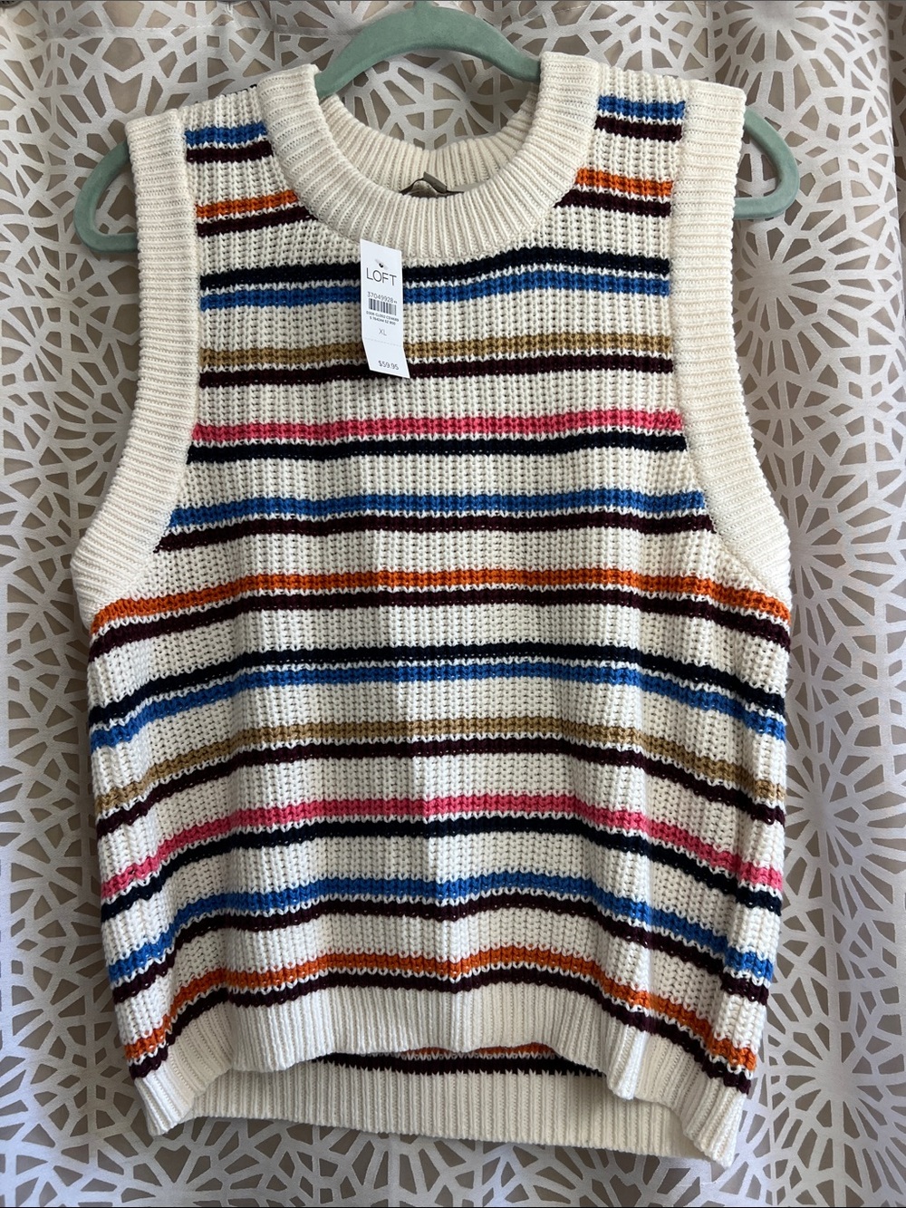 LOFT Cream Multicolor Striped Knit Sleeveless V-Neck Sweater Vest